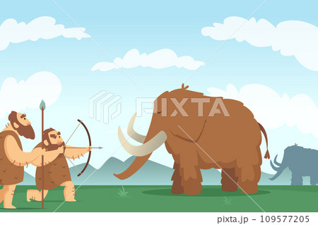 Mammoth. Ancient hunters. cartoon vector background 109577205