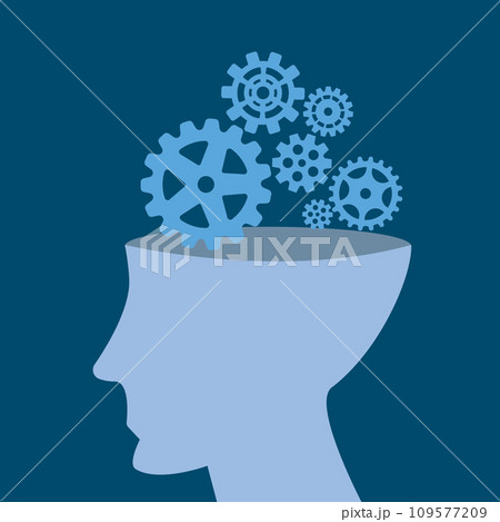 Gears in head. Conceptual background of human head profile silhouette and technical mind 109577209