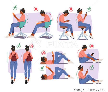 Woman Perform Wrong And Right Body Postures For Reading, Using Smartphone And Carrying Rucksack, Vector Illustration Woman Perform Wrong And Right Body Postures For Reading, Using Smartphone And Carrying Rucksack, Vector Illustration 109577339