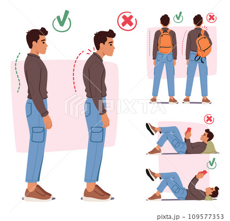 Infographics with Man Showing Proper and Improper Body Postures for Standing, Reading and Carrying Backpack Infographics with Man Showing Proper and Improper Body Postures for Standing, Reading and Carrying Backpack 109577353