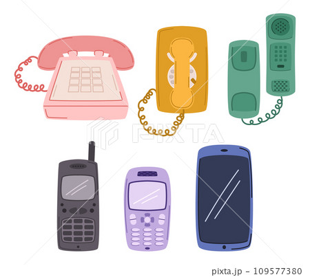 Telephone Collection Showcases A Diverse Array Of Vintage Rotary, Push-button And Digital Models, Vector Illustration Telephone Collection Showcases A Diverse Array Of Vintage Rotary, Push-button And Digital Models, Vector Illustration 109577380