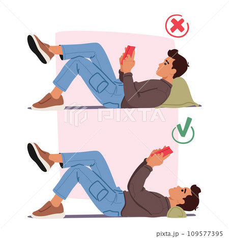 Male Character Reading, Lying on Pillow in Right and Wrong Postures. Improper, Slouching With Rounded Shoulders 109577395