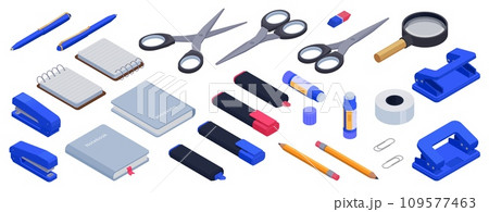 Isometric office school supplies. Isolated stationery collection. Notebooks, pencil and pen, eraser and scissor various rotate, pithy vector set 109577463