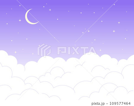 Night sky cartoon background. Evening landscape with crescent, shiny stars and clouds. Flat white cloud and moon, nature vector illustration 109577464