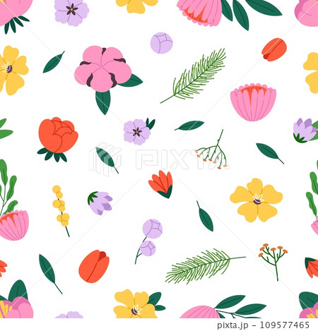 Floral spring seamless pattern. Flowers flat style graphic, blossom fabric texture template. Decorative blooming vector background 109577465