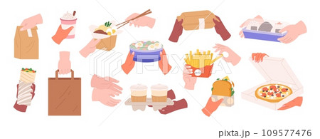 Take out food to home. Takeaway salad, sandwich and pizza. Hands holding paper containers with various meals, coffee to go racy vector clipart 109577476