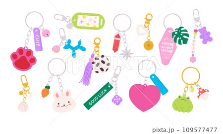Cartoon keychains and keyrings. Decorative key holder with kawaii animals and symbols. Childish cute pendants and chains, racy vector set 109577477