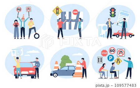 Driving school lessons. Drivers education, prepare examination and giving license. People learning road safety rules, flat abstract recent vector scenes Driving school lessons. Drivers education, prepare examination and giving license. People learning road safety rules, flat abstract recent vector scenes 109577483