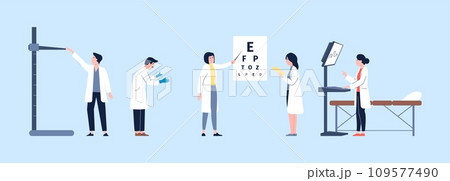 Doctors with different medical equipment. Ophthalmology, mri, therapist. Check up in hospital or clinic, healthcare team at work vector characters 109577490