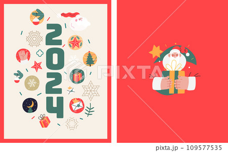Christmas postcards with Santa Claus - modern flat vector concept illustrations of the Christmas and New Year symbols, vertical postcards set 109577535