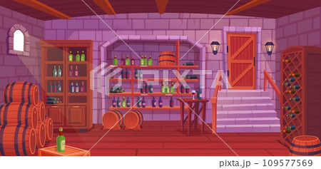 Wine cellar interior. Alcohol shelving with wine champagne barrel in castle basement, ancient house tasting room of vintage bar shelf, cozy restaurant ingenious vector illustration 109577569