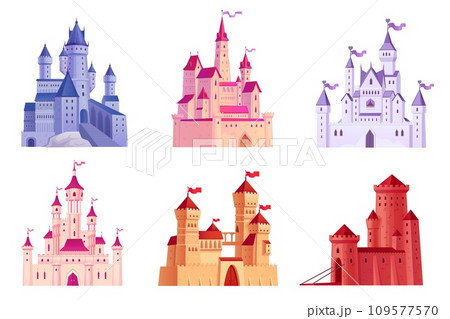 Cartoon strongholds. Medieval castles exterior, fantastic palaces magic kingdom fortified building citadel tower gothic architecture, ancient castle ingenious vector illustration 109577570
