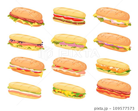 Sandwich subs. Submarine sandwiches delicious baguette sub food, italian panini bun bread with lettuce cheese ham fresh tomato, turkey snack deli cartoon neat vector illustration 109577573