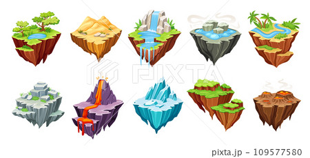 Flying islands. Cartoon lifeless fantasy island with desert crater iced surface, floating ground rock planet land mountain nature game level platforms, neoteric vector illustration Flying islands. Cartoon lifeless fantasy island with desert crater iced surface, floating ground rock planet land mountain nature game level platforms, neoteric vector illustration 109577580