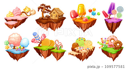 Candy islands. Flying sweet island, floating fantasy land with sweets lollipop cream cupcake gingerbread house chocolate cake, game fairy dream world neoteric vector illustration Candy islands. Flying sweet island, floating fantasy land with sweets lollipop cream cupcake gingerbread house chocolate cake, game fairy dream world neoteric vector illustration 109577581