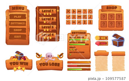 Game wood interface. Cartoon wooden ui board frame for 2d gaming, woodens texture panel menu setting slider check bar tablet gui design mobile app games element vector illustration Game wood interface. Cartoon wooden ui board frame for 2d gaming, woodens texture panel menu setting slider check bar tablet gui design mobile app games element vector illustration 109577587