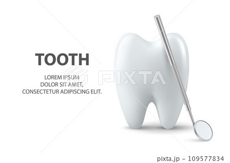 Vector 3d Realistic Tooth and Dental Mirror Closeup Isolated on White Background. Medical Dentist Banner. Design Template, Clipart, Mockup. Dentistry, Healthcare, Hygiene Concept 109577834