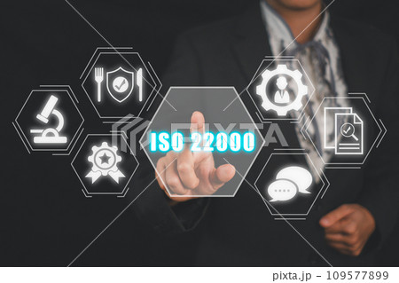 ISO 22000 concept, Business woman hand touching iso 22000 icon on virtual screen, Food safety management. 109577899