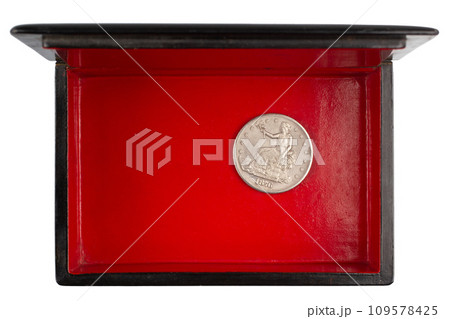 vintage old black and red casket with silver dollar coin vintage old black and red casket with silver dollar coin 109578425