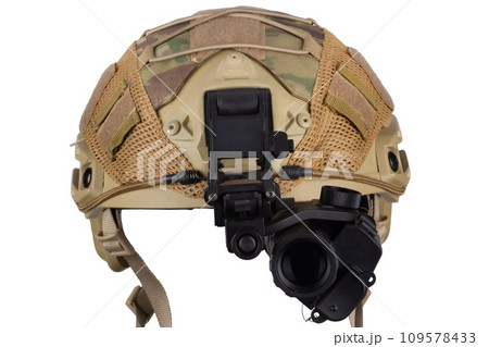 Night vision goggles on military helmet. 109578433