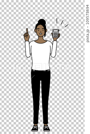 電卓を持って指さすアフリカ系女性 電卓を持って指さすアフリカ系女性 109578694