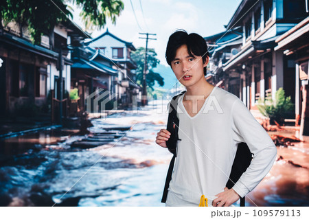 大雨で浸水した街から避難する男性 大雨で浸水した街から避難する男性 109579113