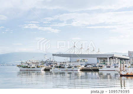 北海道函館市　多くの海産物が取引される函館市水産物地方卸売市場と停泊する漁船 109579395