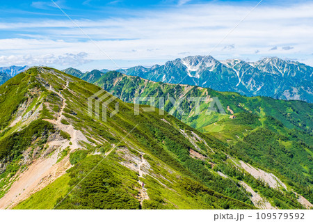夏の爺ヶ岳登山(爺ヶ岳中峰から南峰・立山方面の眺め) 夏の爺ヶ岳登山(爺ヶ岳中峰から南峰・立山方面の眺め) 109579592