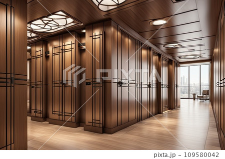 interior long corridor in with doors and lamps in a hotel 109580042