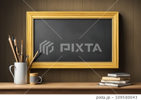 Empty living room with blackboard wall and wooden furniture. Empty living room with blackboard wall and wooden furniture. 109580043
