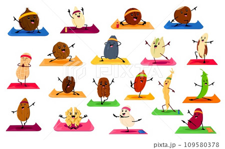 Cartoon nut and bean characters on yoga fitness. Vector coconut, pumpkin or sunflower seeds, macadamia or hazelnut. Peanut, walnut, pistachio and brazil. Almond, pecan, coffee or cashew personages 109580378