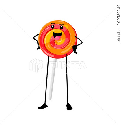 Cartoon cheerful lollipop funny fast food character. Isolated vector joyful, vibrant candy on stick personage with smiling face, swirling colors, and a playful aura, spreading sweetness and happiness 109580380