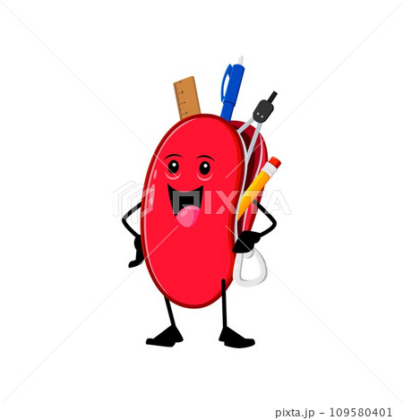 Cartoon cheerful funny school stationery character with a smiling face, zipper and vibrant red color, always ready to hold creative tools. Isolated vector whimsical personage brimming with items Cartoon cheerful funny school stationery character with a smiling face, zipper and vibrant red color, always ready to hold creative tools. Isolated vector whimsical personage brimming with items 109580401