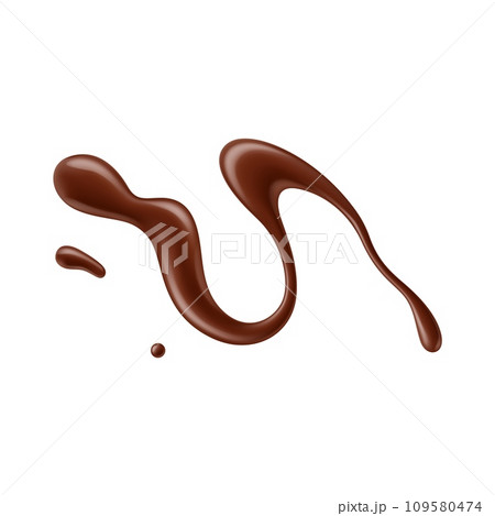 Chocolate sauce or syrup drops of splash and stain with swirl of sweet melt, realistic vector. Candy toffee or chocolate butter and milky choco fudge line smear with drops and stains for confectionery 109580474