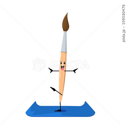 Cartoon paintbrush school supply character on yoga fitness sport. Isolated vector brush effortlessly flows through asana poses, promoting flexibility and inspiring a creative approach to training 109580476