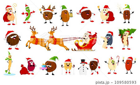 Cartoon christmas nuts, bean and legume characters. Vector peanut, green pea, walnut or almond. Macadamia, pumpkin or sunflower seeds. Pecan, coconut, brazil or soy bean with cashew or pistachio 109580593