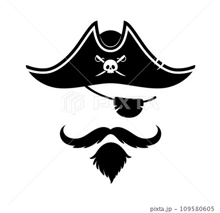Pirate captain photo booth mask of tricorn and eyepatch, cartoon vector. Caribbean pirate or corsair sailor photo booth face effect mask of captain hat with skull and crossbones, eyepatch and beard Pirate captain photo booth mask of tricorn and eyepatch, cartoon vector. Caribbean pirate or corsair sailor photo booth face effect mask of captain hat with skull and crossbones, eyepatch and beard 109580605