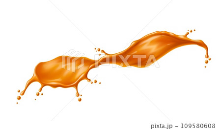 Caramel syrup swirl splash or sauce wave with drops of toffee cream, realistic vector. Sugar caramel sauce or candy wave flow spill with drops and splashes of sweet candy or toffee confection syrup 109580608