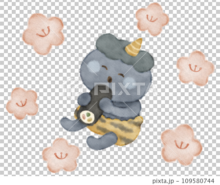 Illustration material of a cute fluffy blue demon eating ehomaki 109580744