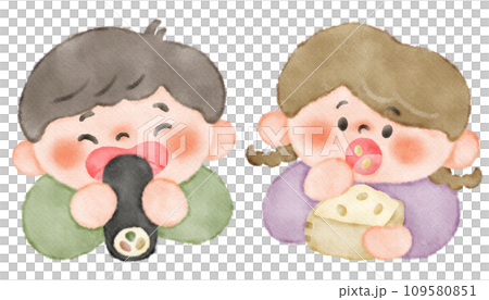 Illustration material set of children eating ehomaki and children eating beans Setsubun Day 109580851