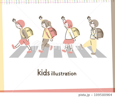 手をあげて横断歩道を渡る子供たちのイラスト_2 手をあげて横断歩道を渡る子供たちのイラスト_2 109580964