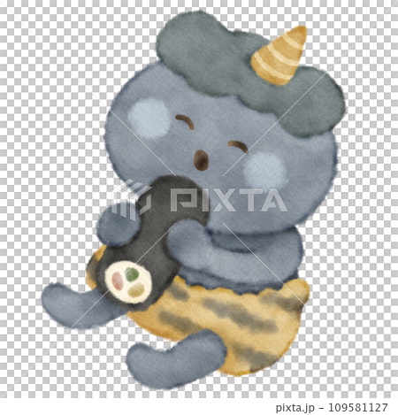 可愛的毛茸茸的藍色惡魔吃 ehomaki 的插圖素材 可愛的毛茸茸的藍色惡魔吃 ehomaki 的插圖素材 109581127
