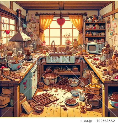 バレンタインチョコレートを作っているキッチンの様子のイラスト 80年代〜90年代アニメ風 レトロ バレンタインチョコレートを作っているキッチンの様子のイラスト 80年代〜90年代アニメ風 レトロ 109581332