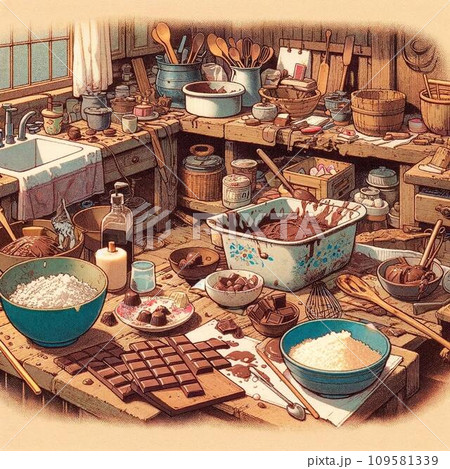 バレンタインチョコレートを作っているキッチンの様子のイラスト 80年代〜90年代アニメ風 レトロ バレンタインチョコレートを作っているキッチンの様子のイラスト 80年代〜90年代アニメ風 レトロ 109581339
