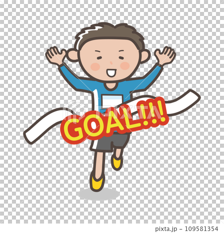 一名男子完成馬拉鬆比賽並帶著喜悅的表情衝過終點線的插圖 109581354