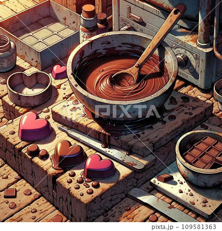 バレンタインチョコレートを作っているキッチンの様子のイラスト　80年代〜90年代アニメ風　レトロ 109581363