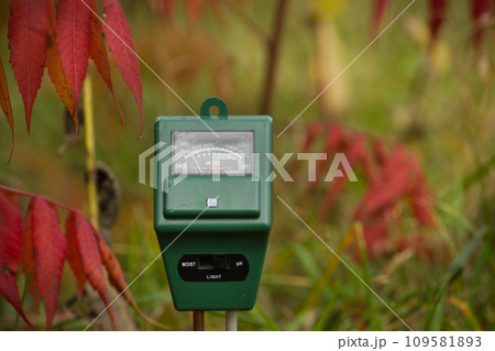 Soil temperature, moisture and pH meter in close up 109581893