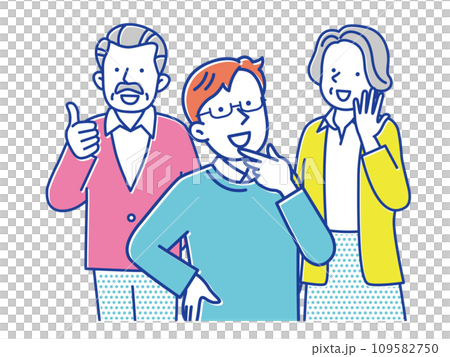 喜んでいるシニア夫婦と息子の3人のイラスト 喜んでいるシニア夫婦と息子の3人のイラスト 109582750