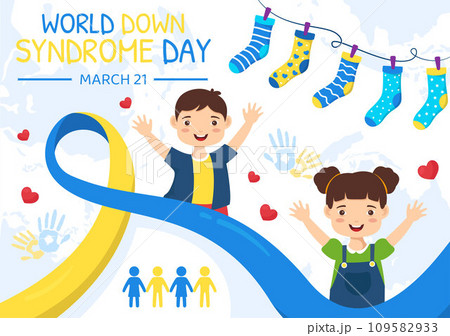 World Down Syndrome Day Vector Illustration on March 21 with Blue and Yellow Ribbon, Earth Map, Unpaired Socks and Kids in Flat Cartoon Background 109582933