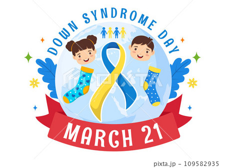 World Down Syndrome Day Vector Illustration on March 21 with Blue and Yellow Ribbon, Earth Map, Unpaired Socks and Kids in Flat Cartoon Background 109582935